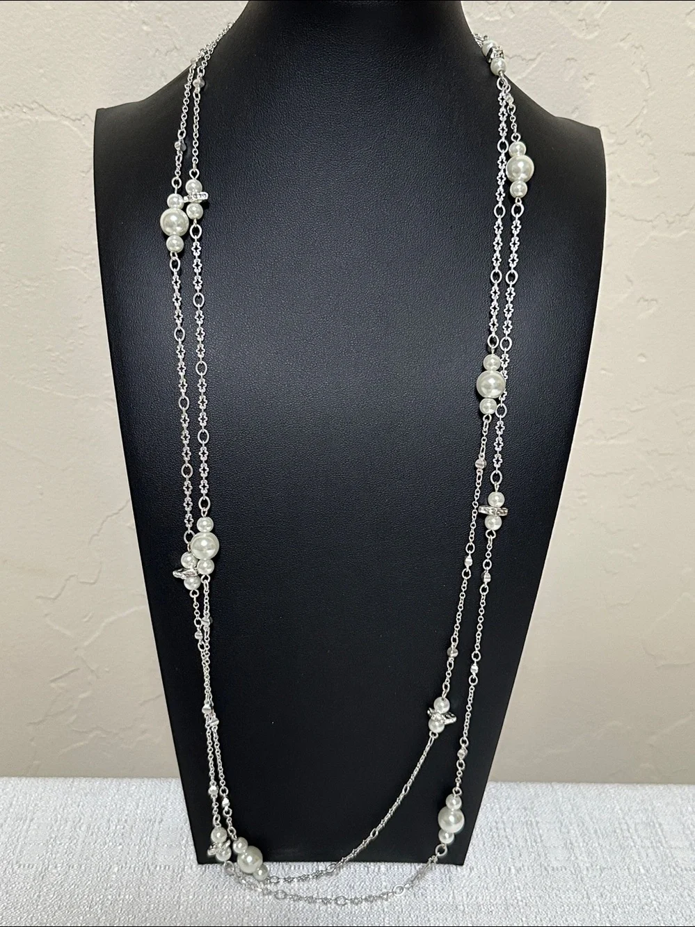 Dillards Silver Tone Faux Pearl Station Necklace
